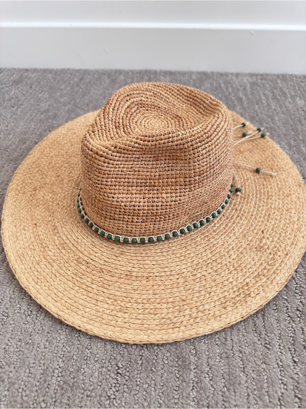Coolibar Avery Raffia Fedora Hat UPF 50+ Wide Brim Beads Natural OS Coastal